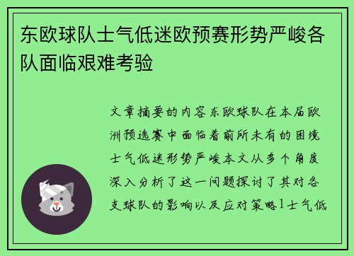 东欧球队士气低迷欧预赛形势严峻各队面临艰难考验