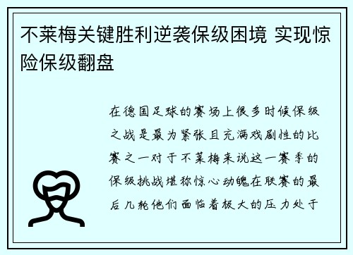 不莱梅关键胜利逆袭保级困境 实现惊险保级翻盘