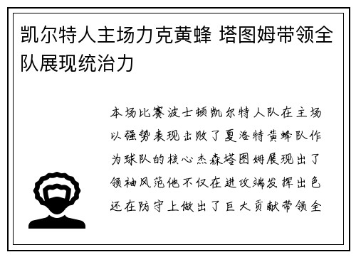凯尔特人主场力克黄蜂 塔图姆带领全队展现统治力