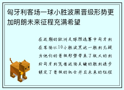 匈牙利客场一球小胜波黑晋级形势更加明朗未来征程充满希望