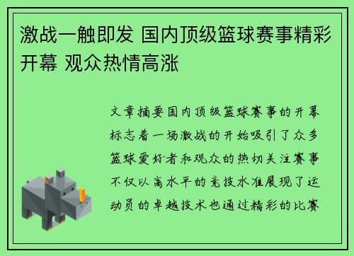 激战一触即发 国内顶级篮球赛事精彩开幕 观众热情高涨